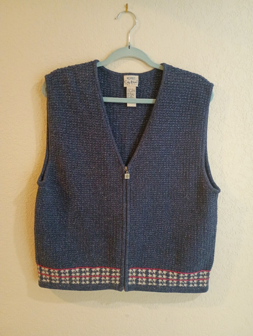 Vintage Koret City Blues Women LP Sweater Vest Zip Ramie Cotton Lurex 90s Blue
